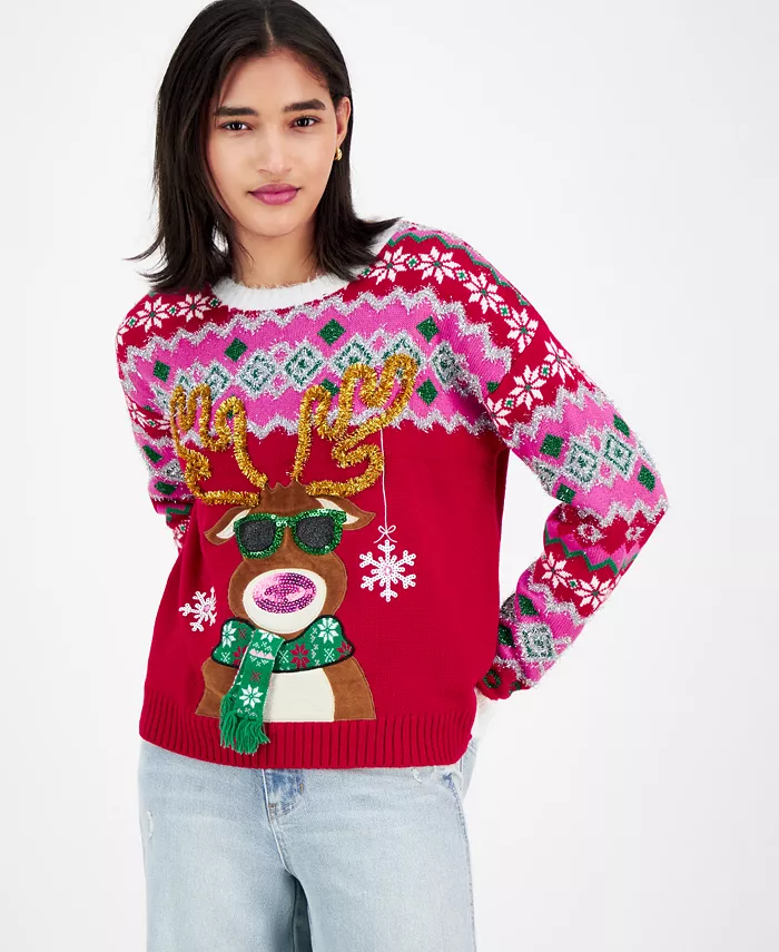 Hooked Up by IOT Juniors' Reindeer Fair Isle Christmas Sweater