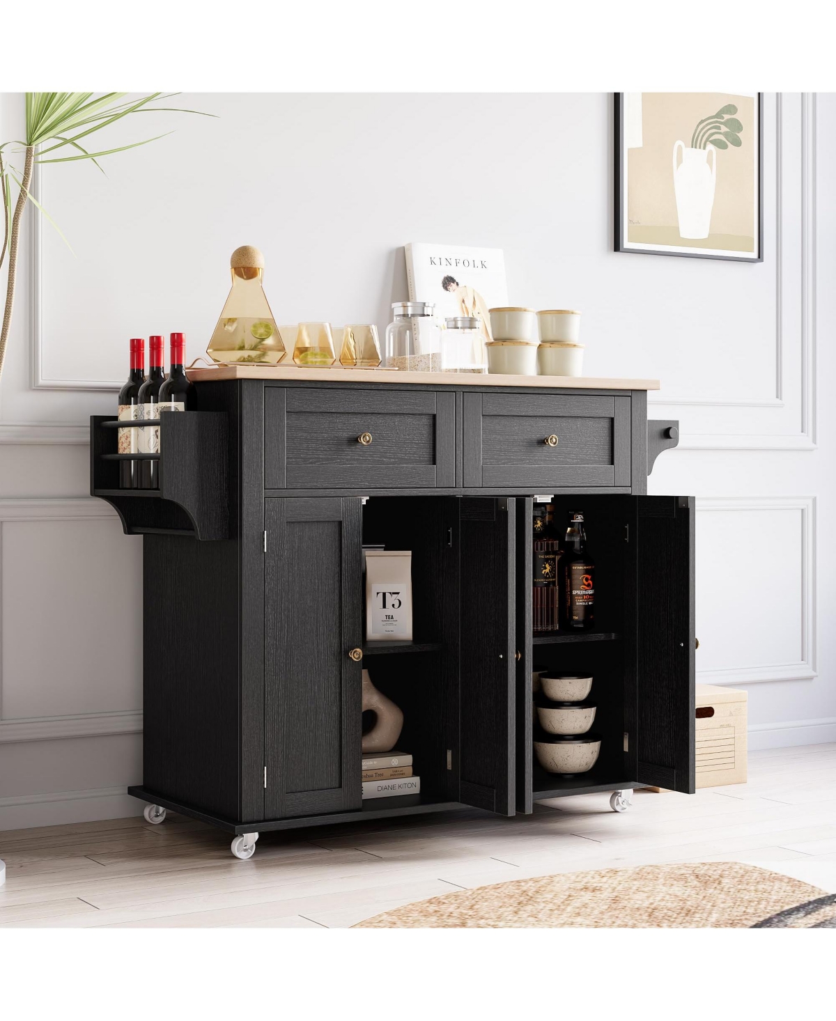 gaomon Kitchen Island Cart with Solid Wood Top, Portable Rolling Islands Table on Wheels with Drawer and Storage Cabinet