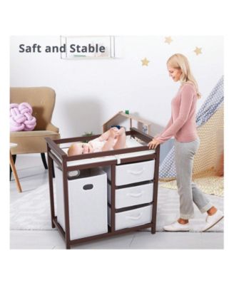 Wooden Baby Changing Table, Diaper Changing Table, Infant Diaper Changing Station Dresser With Laundry Hamper, 3 Drawer Basket And Changing Pad