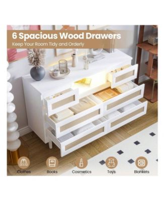 Natural Rattan Dresser For Bedroom With LED Light And Charging Station, 6 Drawer Double Dressers, Modern Wooden Dresser Chest, Beside Table For Closet, Nursery, Living Room
