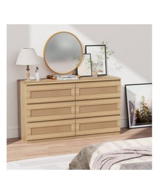 1 Pc Wood & Rattan Dresser 6 Drawers Modern Wide Chest Anti-Tip Kit Bedroom Storage