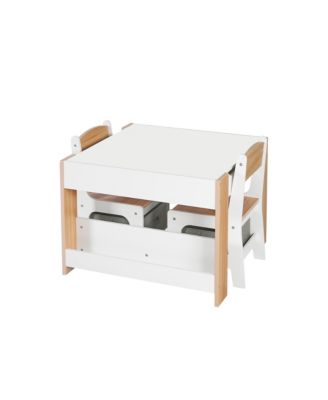 Kids Art Play Activity Table with Storage Shelf and Chair Set with Storage Baskets, White & Gray