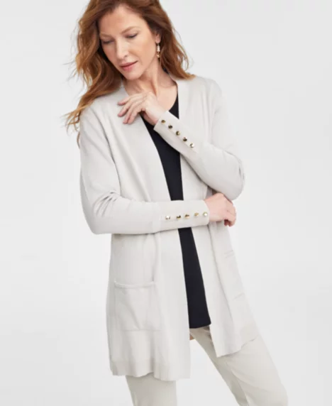 Petite Open-Front Button-Cuff Cardigan Sweater - Stonewall
