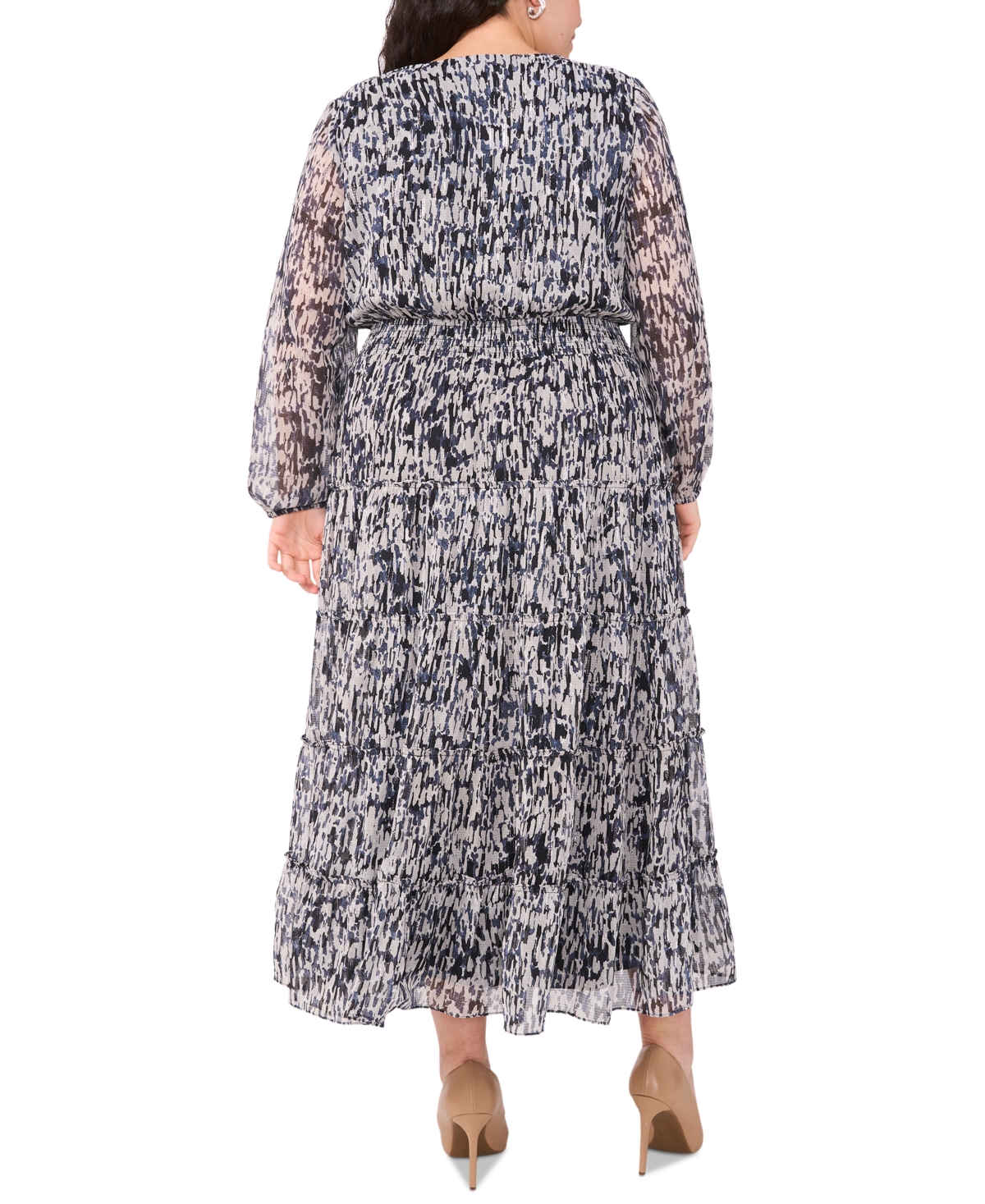 Msk Plus Size Printed Smocked-Waist Balloon-Sleeve Maxi Dress