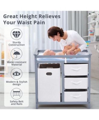 Wooden Baby Changing Table, Diaper Changing Table, Infant Diaper Changing Station Dresser With Laundry Hamper, 3 Drawer Basket And Changing Pad