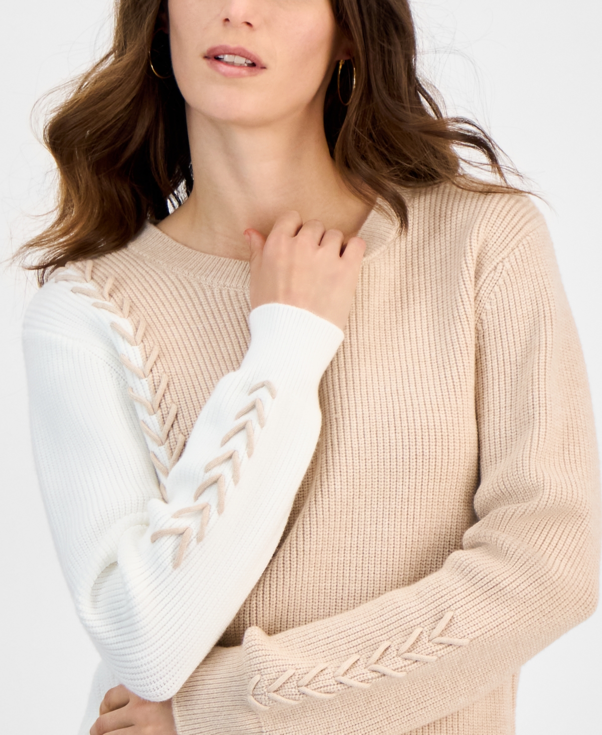 T Tahari Women's Mixed-stitch Colorblocked Sweater In Soft Tan,white