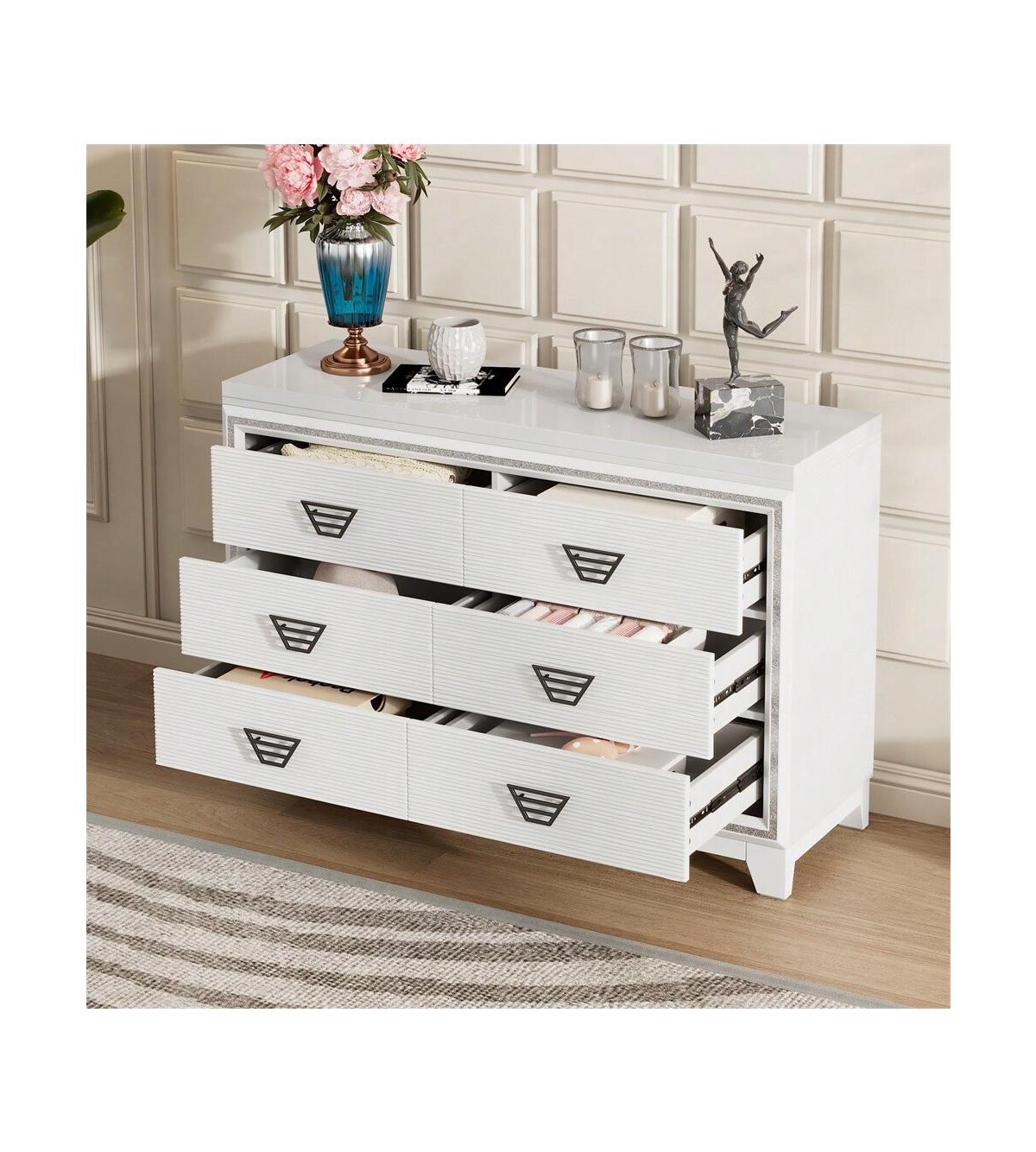 gaomon 6 Drawer Double Dresser, Dresser Closet With Anti-Tip Devices, Metal Handle, Modern Wide Chest Of 6 Drawers, Large Storage Cabinet For Bedroom