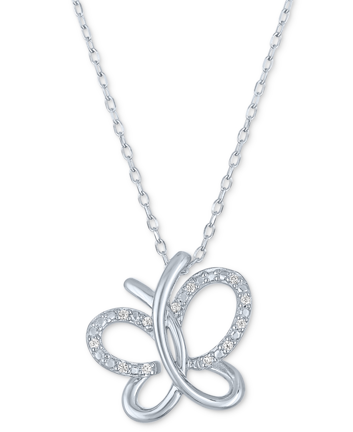Macy's Diamond Accent Butterfly Pendant Necklace In Sterling Silver, 16" + 2" Extender In Sterling Silver
