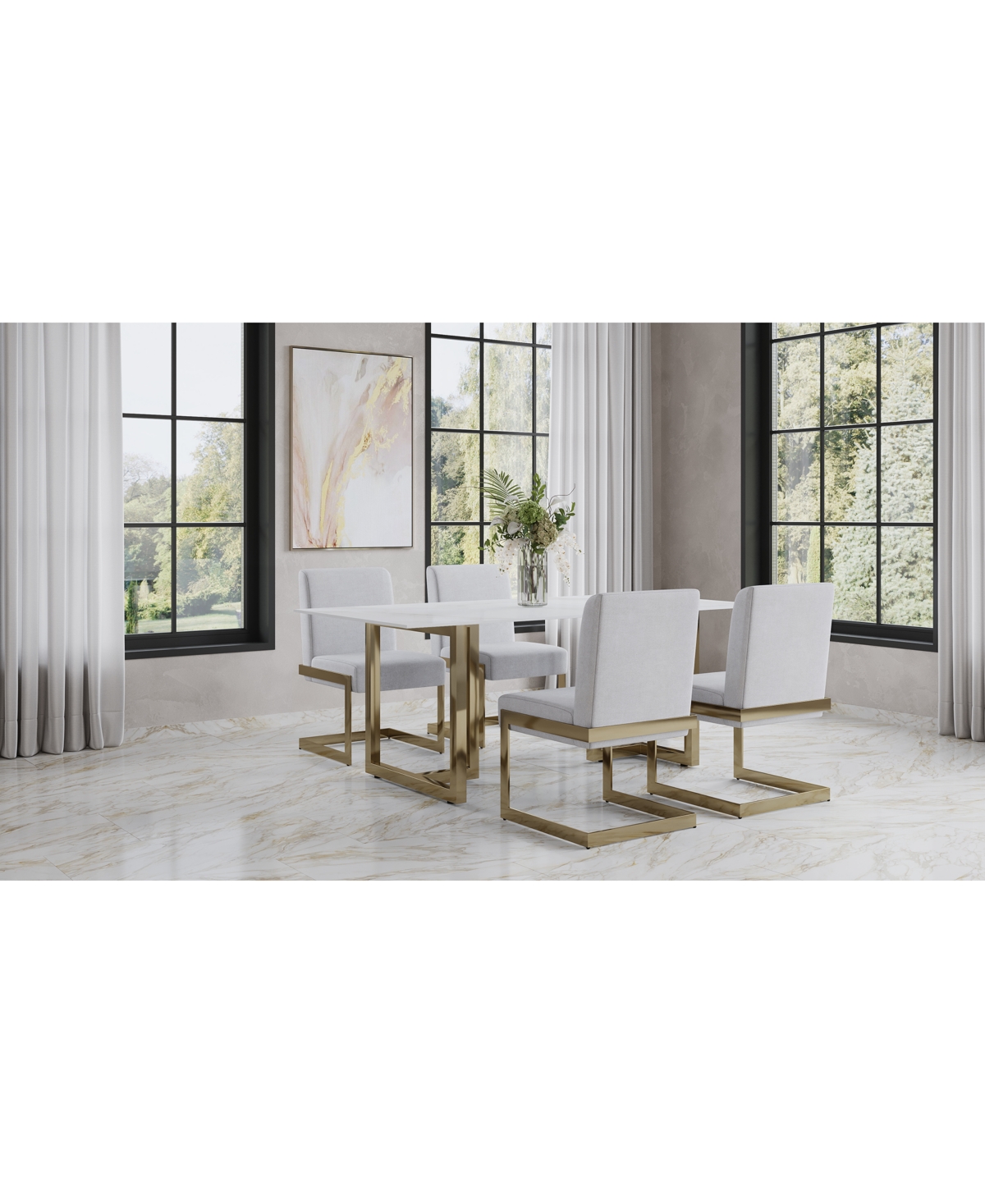 Macy's Emila 5 Pc. Dining Set (rectangular Table & 4 Chairs), Created For  In White Sintered Stone With Champagne Base