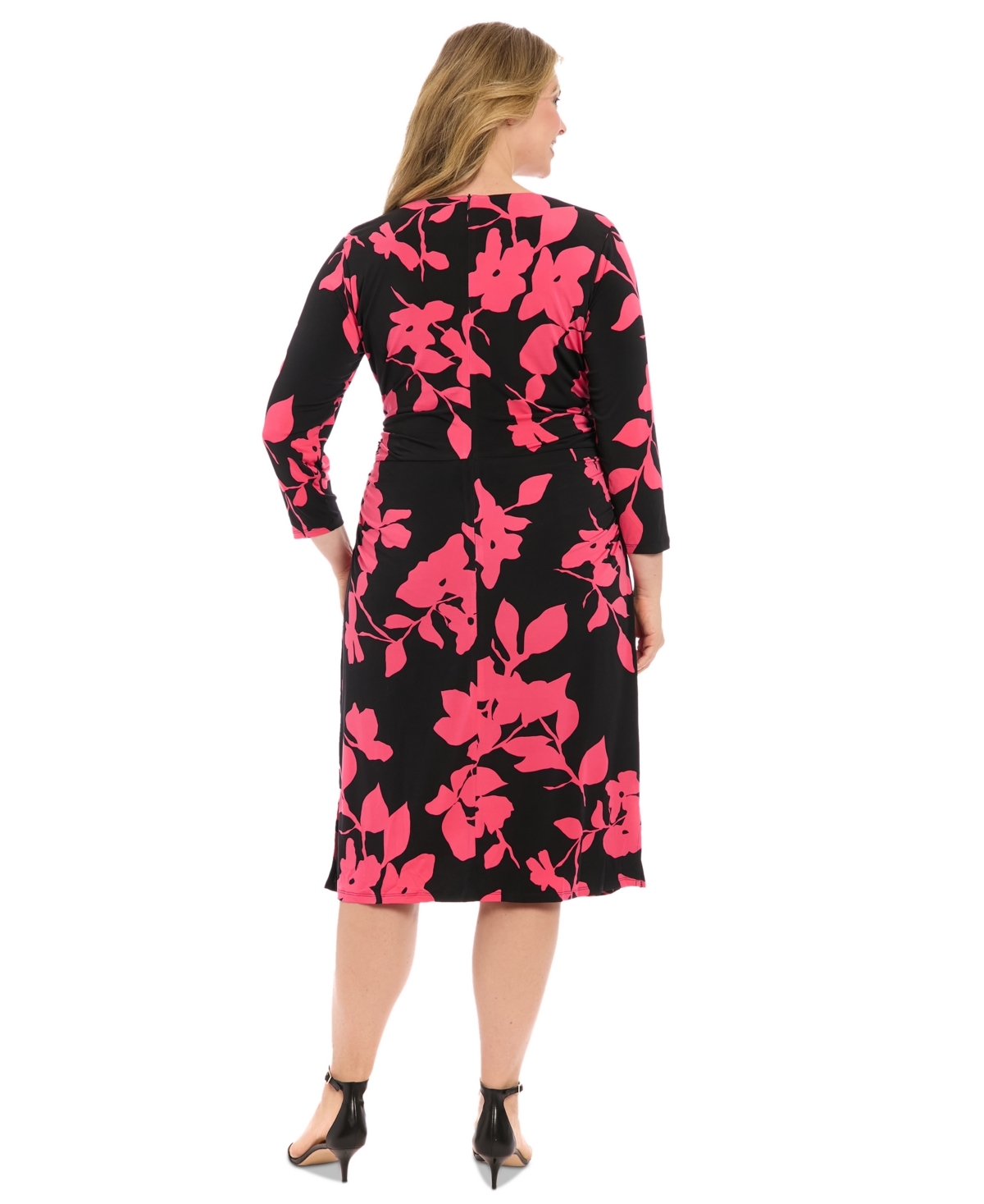 LONDON TIMES PLUS SIZE PRINTED SIDE-RUCHED MIDI DRESS