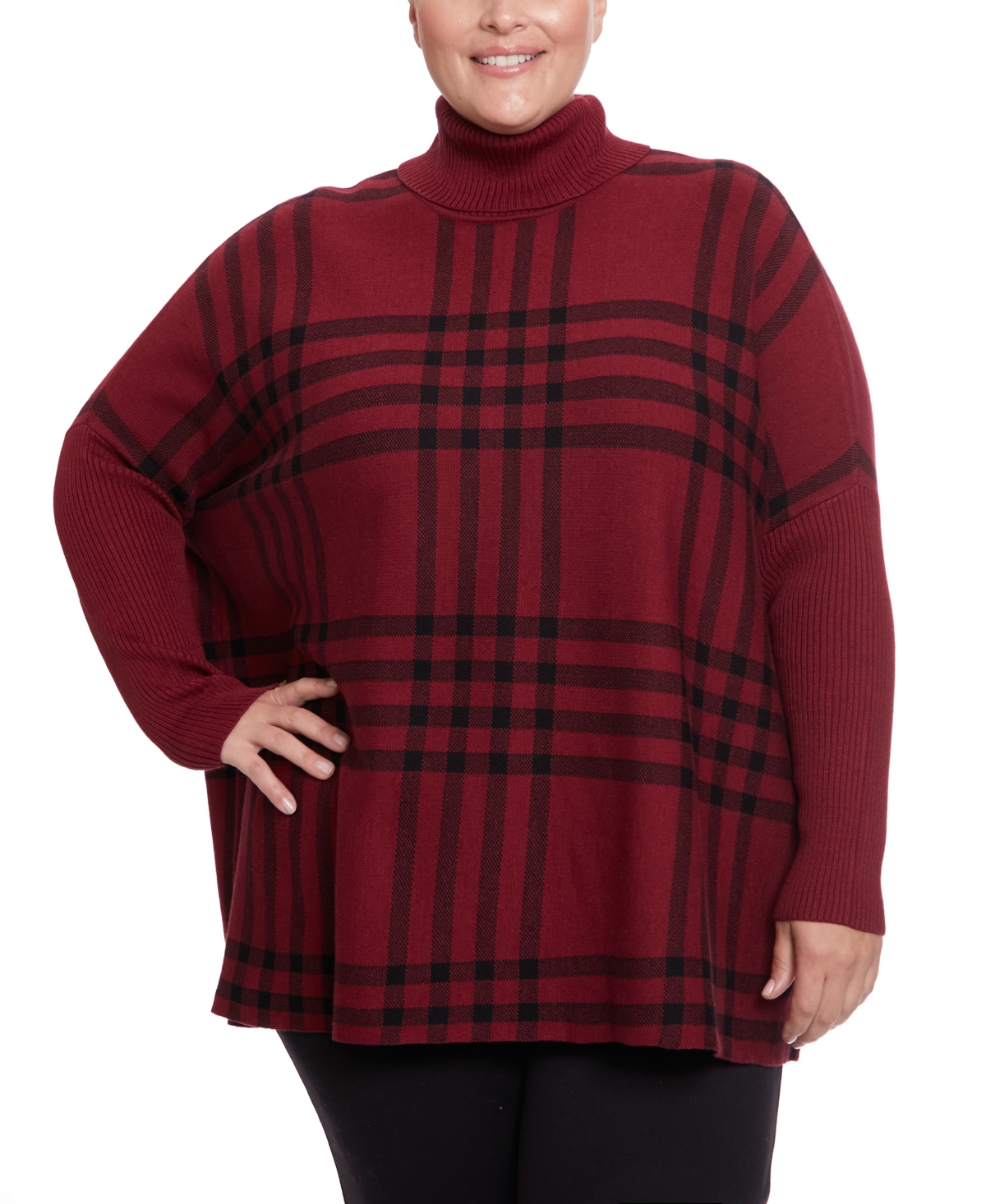 Joseph A Joesph A Plus Size Plaid Turtleneck Poncho Sweater In Simple Plaid Cabernet