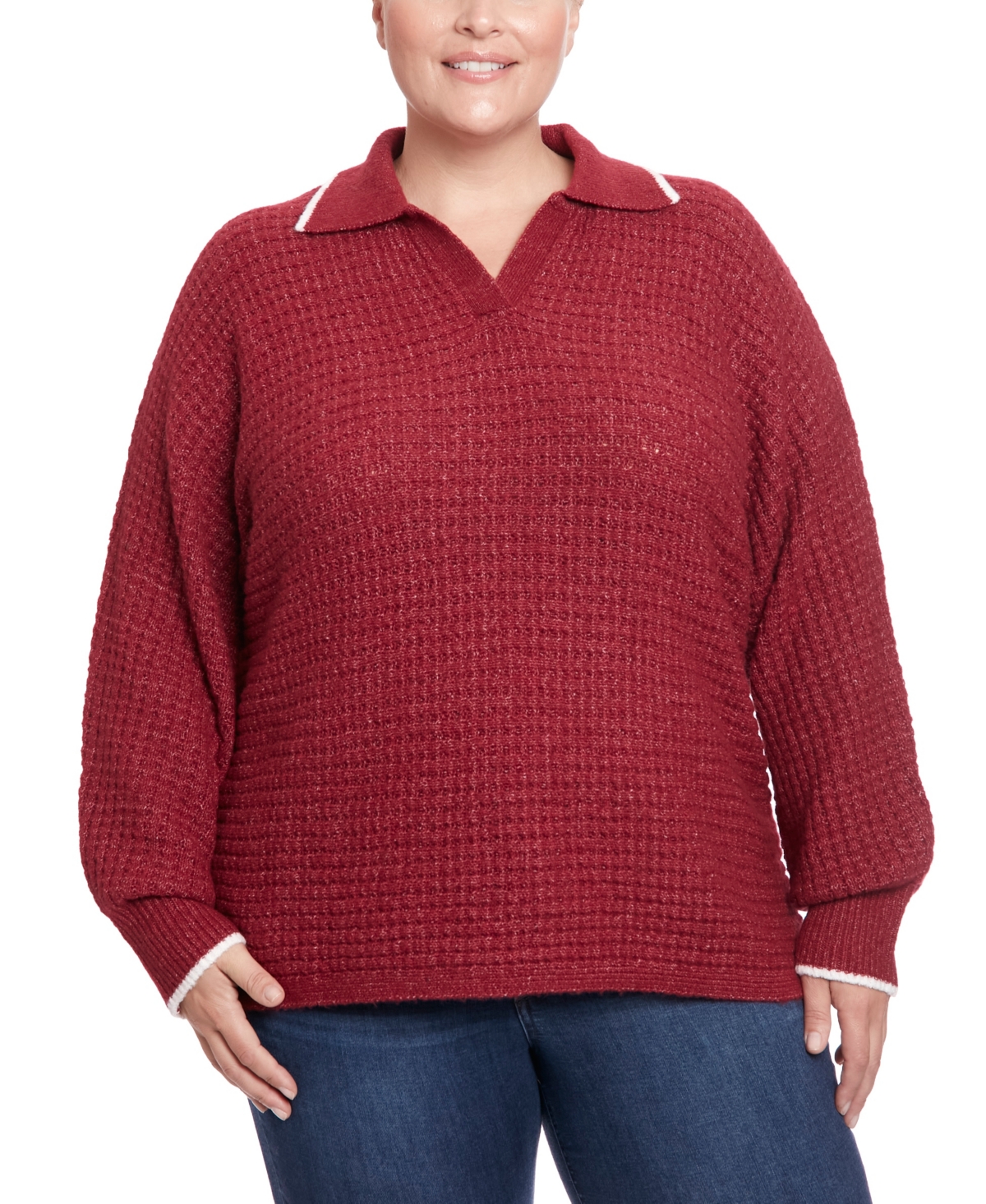 Joseph A Plus Size Ribbed Johnny Collar Dolman Sweater with Tipping -Ivory
