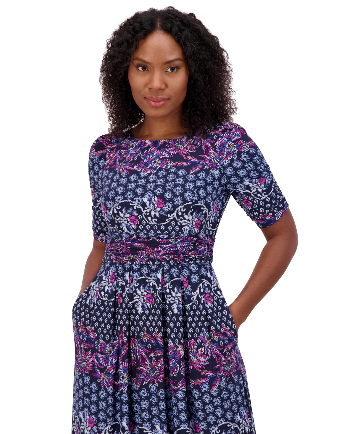 Jessica Howard Plus Size Elbow-Sleeve Gathered-Waist Dress