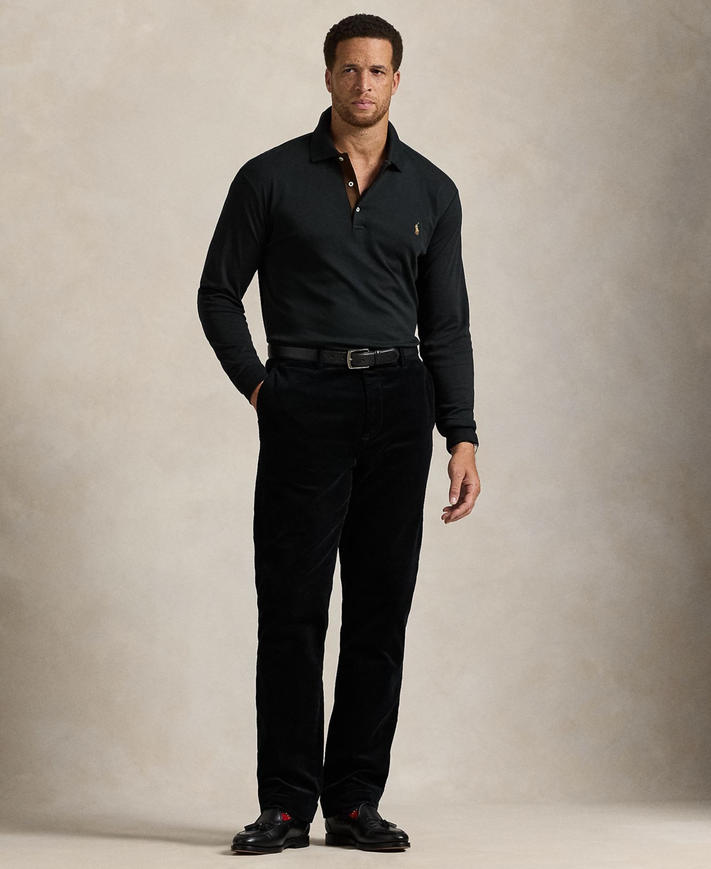 Мужское поло Polo Ralph Lauren Big & Tall Soft Cotton Long-Sleeve Polo Shirt, цвет: Чёрный — фото 4