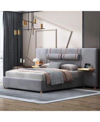 Queen Upholstered Platform Bed with Dual Outlets and USB Charging Ports on Each Side