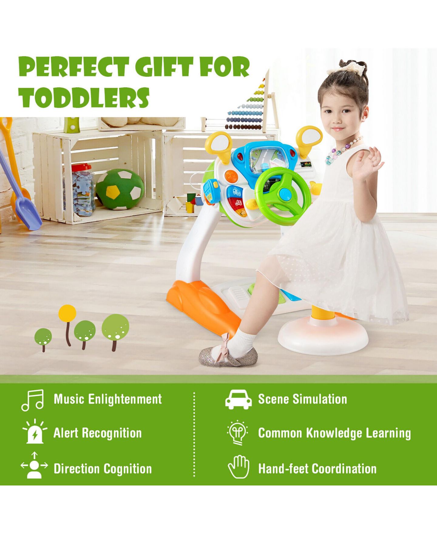Детская игрушка Gymax Kids Pretend Driver Steering Wheel Simulation Toy with Light & Sound, цвет: Жёлтый — фото 2