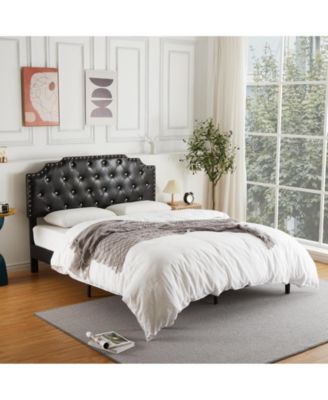 King Size Bed Frame, Metal Platform Bed Frame with PU Leather Upholstered Headboard, Strong Slat Support, Easy Assembly, Black