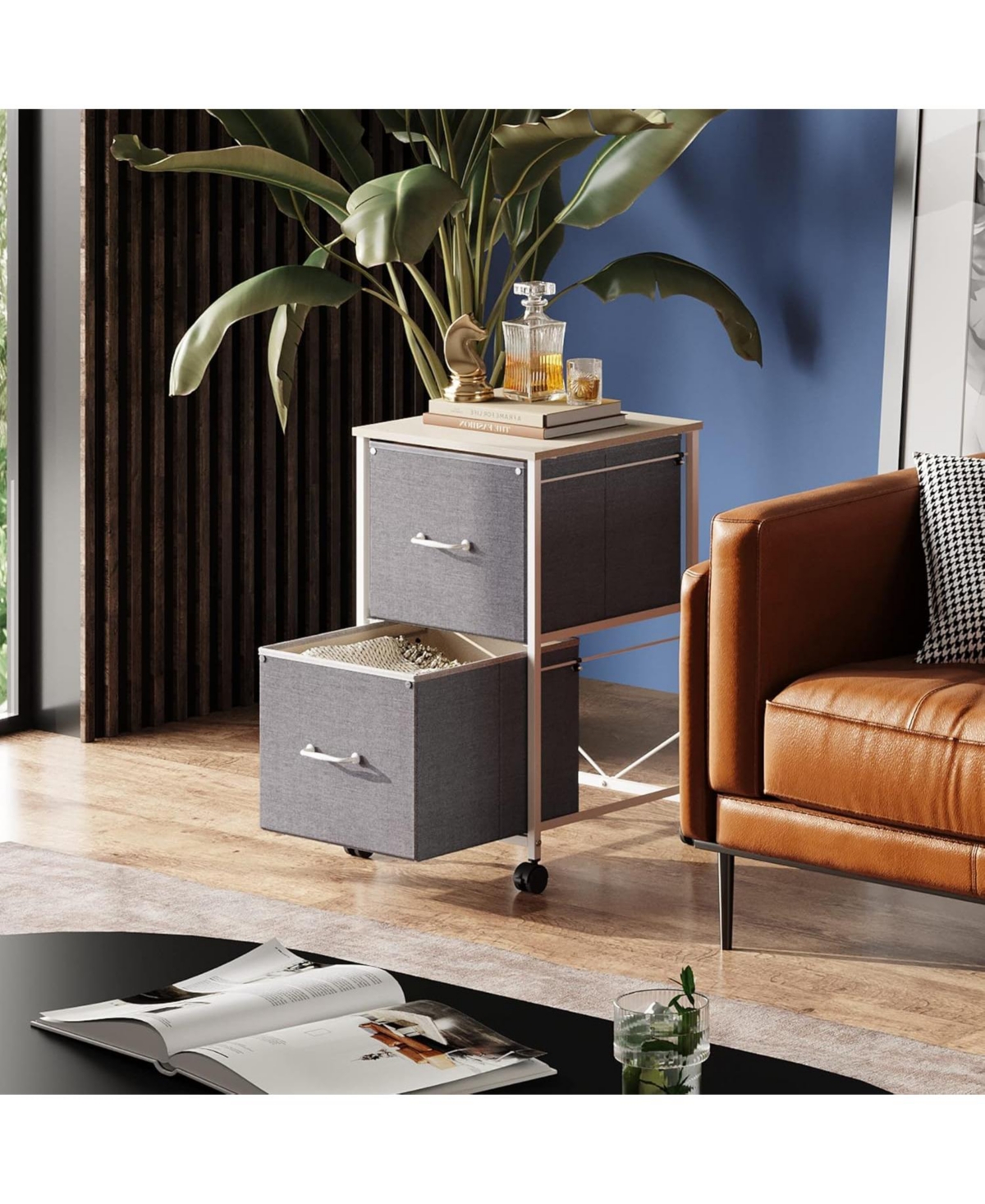 2 Drawer Mobile File Cabinet, Rolling Printer Stand, Fabric Vertical Filing Cabinet fits A4 or Letter Size for Home Office, Light Grey