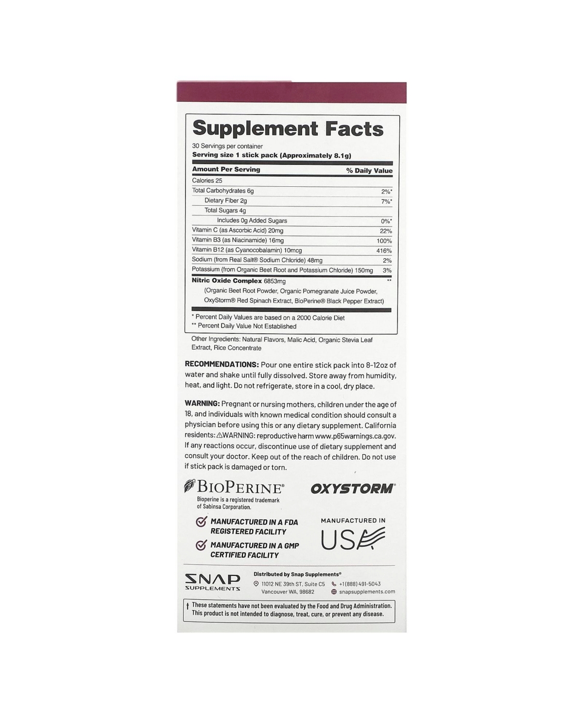 Snap Supplements Nitric Oxide Organic Beets Original Berry Stick Packs - 0.29 oz (8.2
