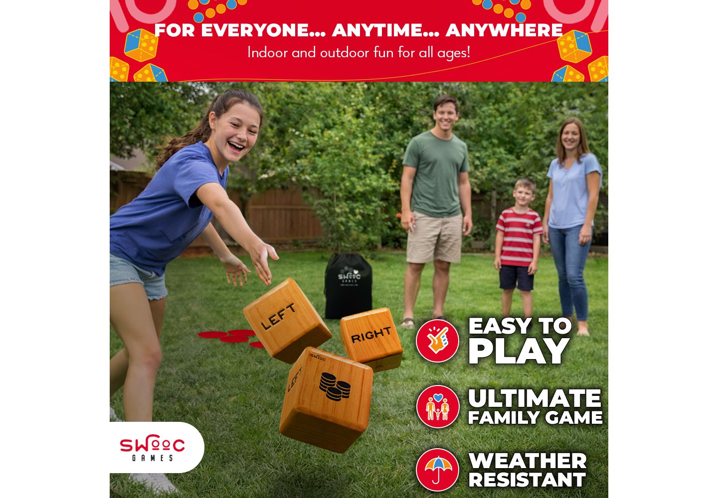 Детские игрушки SWOOC Giant Right Center Left Dice Game (All Weather) w/ 24 Large Chips & Carry Bag - Jumbo Wooden Lawn Game - Backyard Games — фото 4