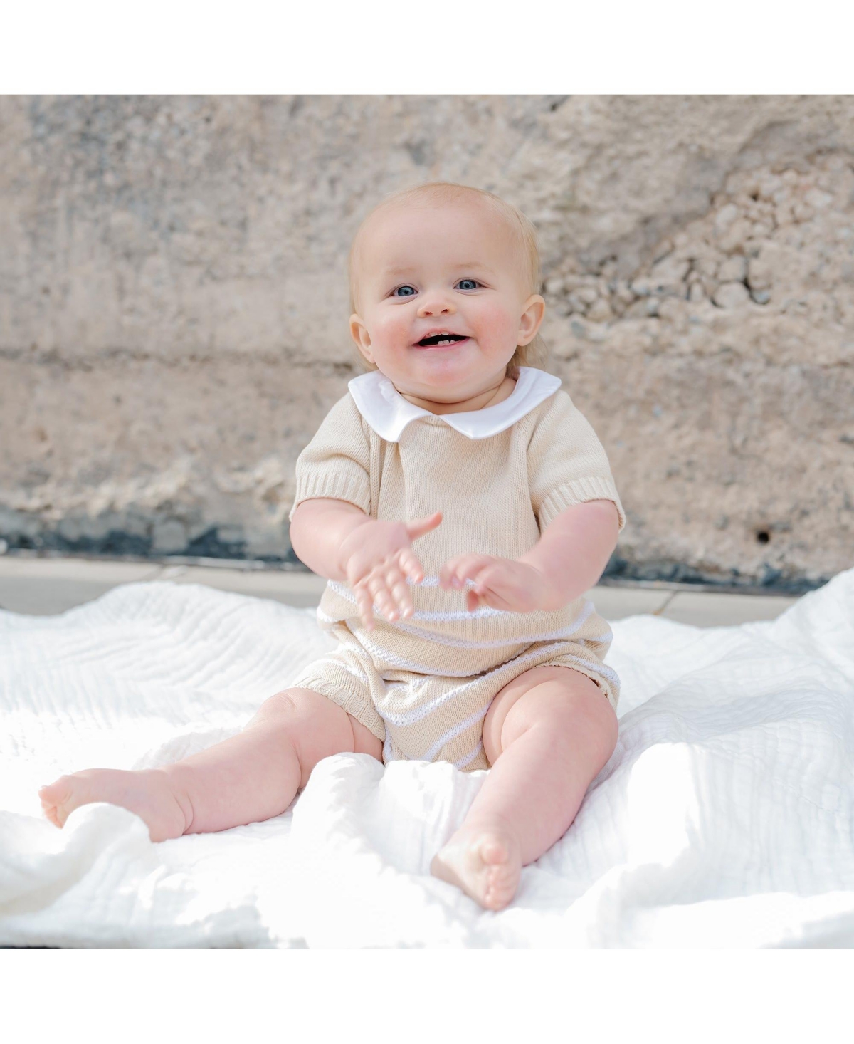 Hope & Henry Layette Baby Short Sleeve Peter Pan Collar Sweater Romper, Infant - Natural and white