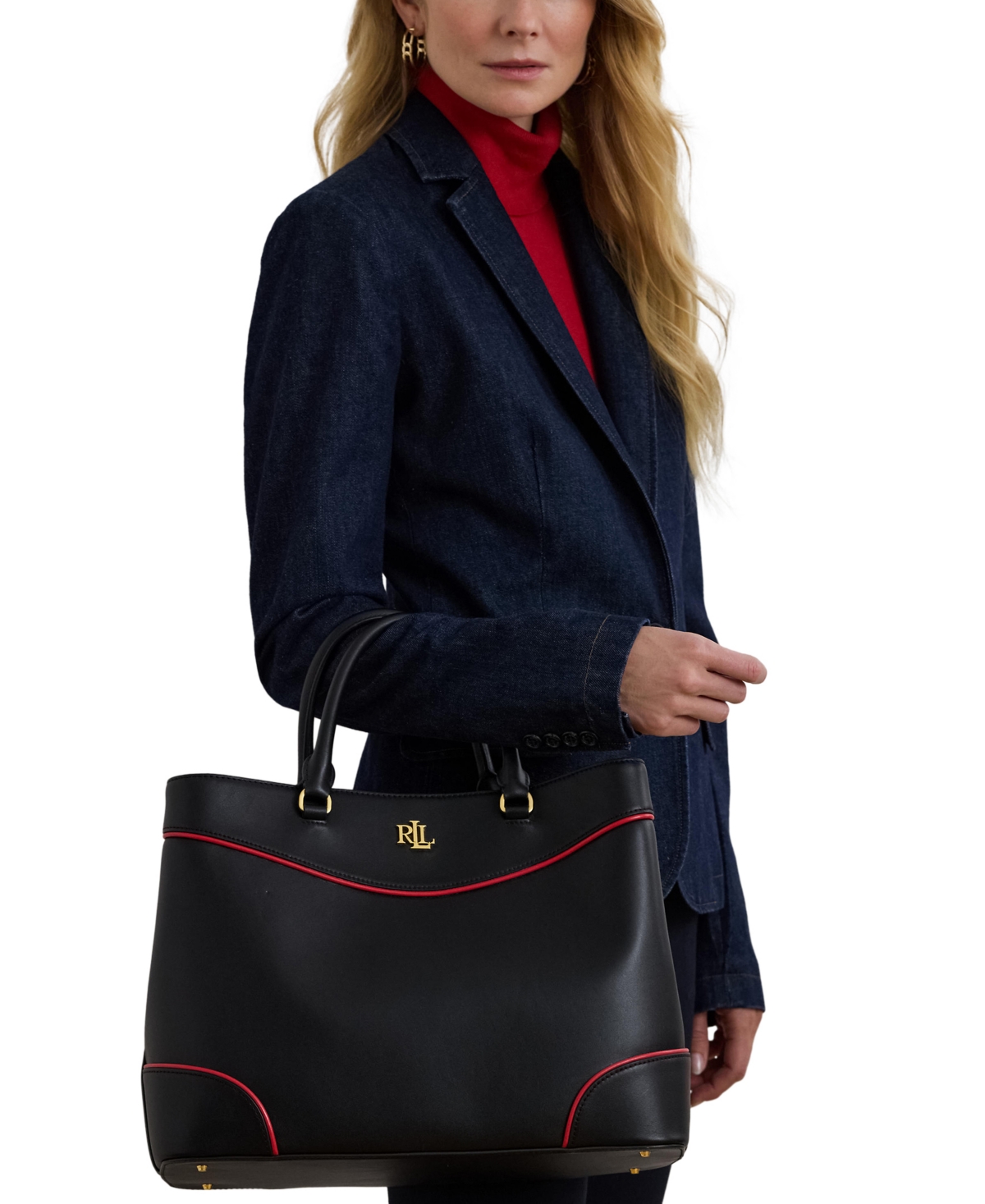 Ralph Lauren Two-tone Leather Large Marcy Satchel In Black,festive Red