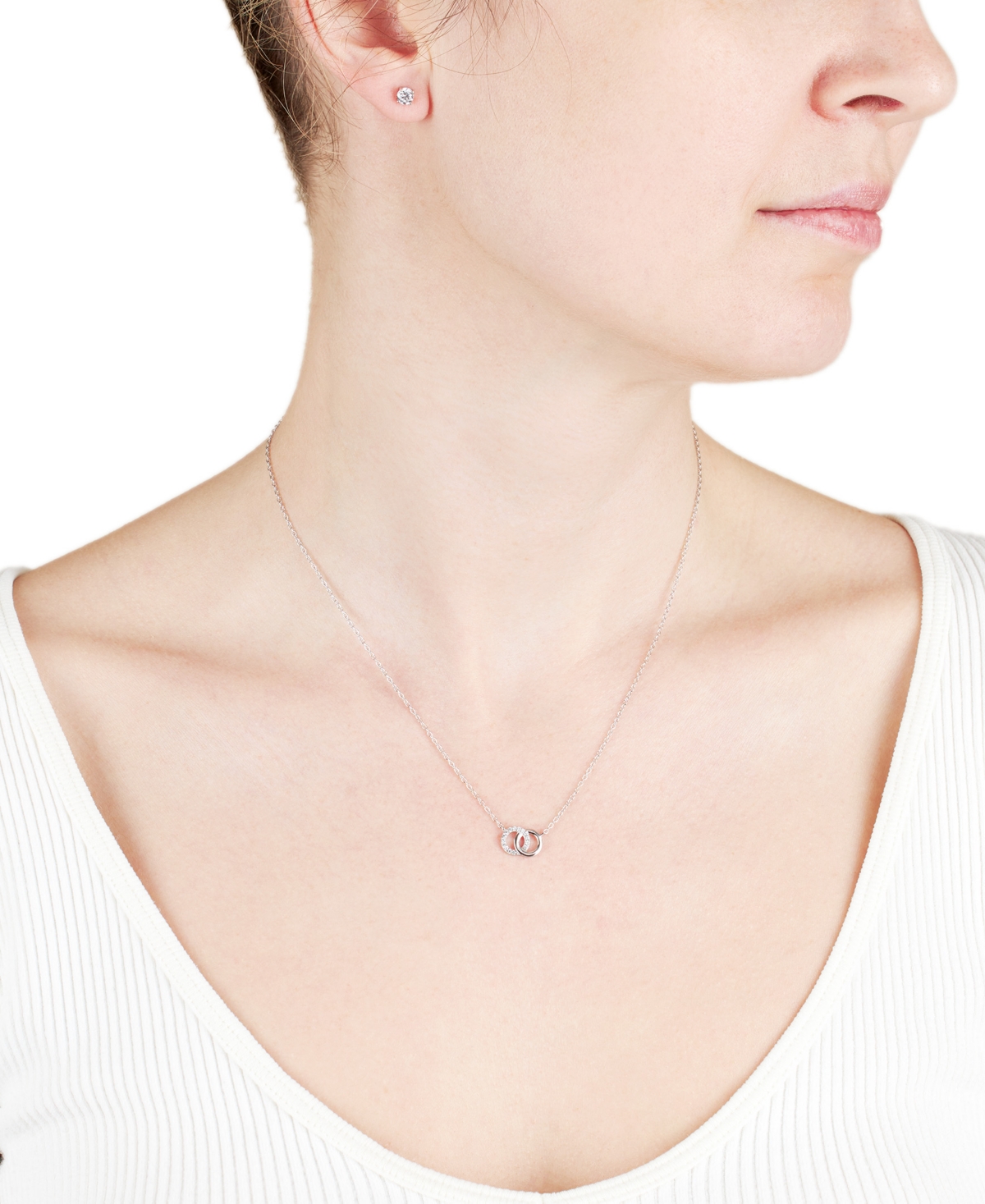 Macy's 2-pc. Set Cubic Zirconia Interlocking Rings Pendant Necklace & Solitaire Stud Earrings In Sterling S In Silver