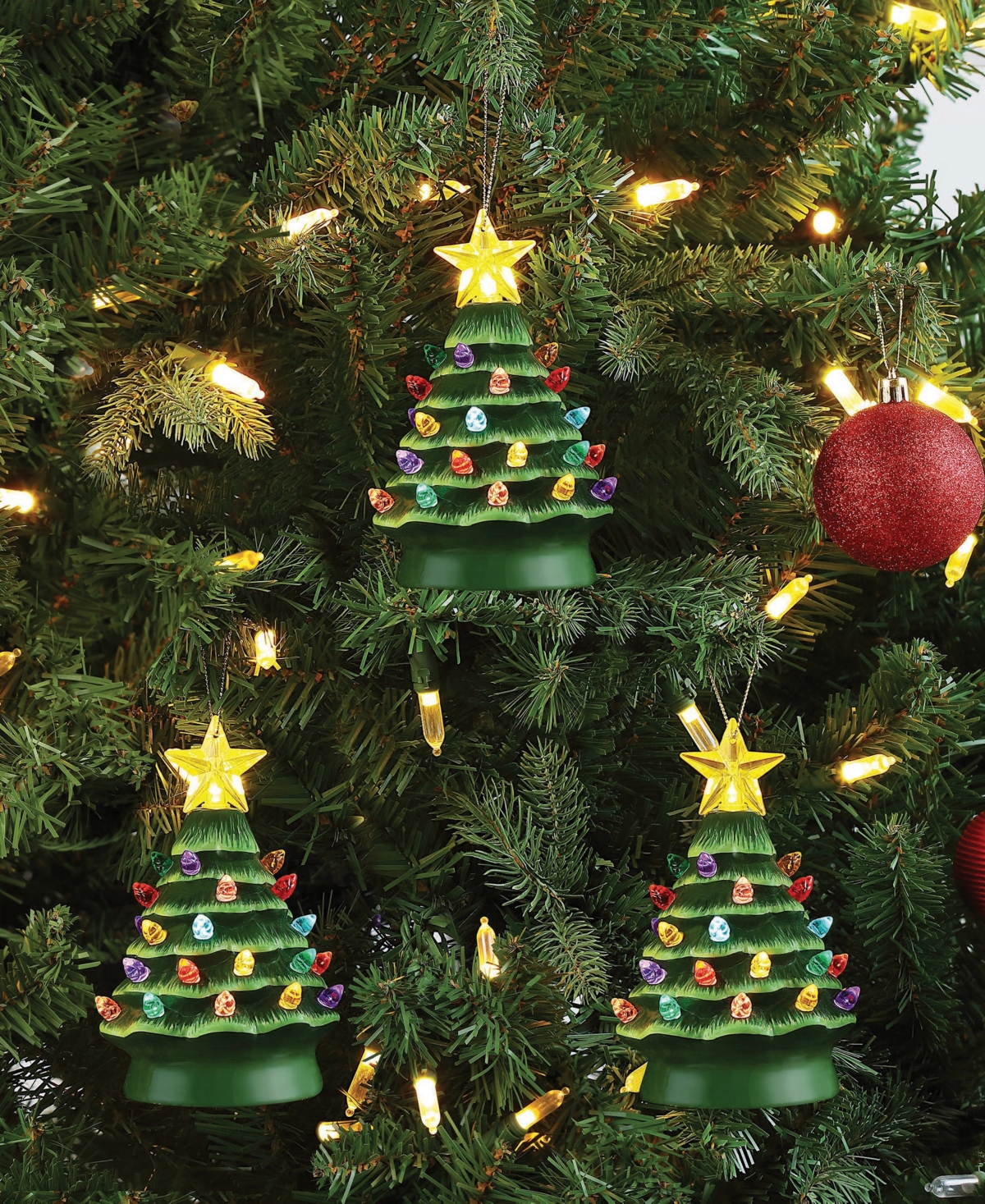 Mr. Christmas 5" Nostalgic Ceramic Tree Ornaments, Set Of 3 In Green
