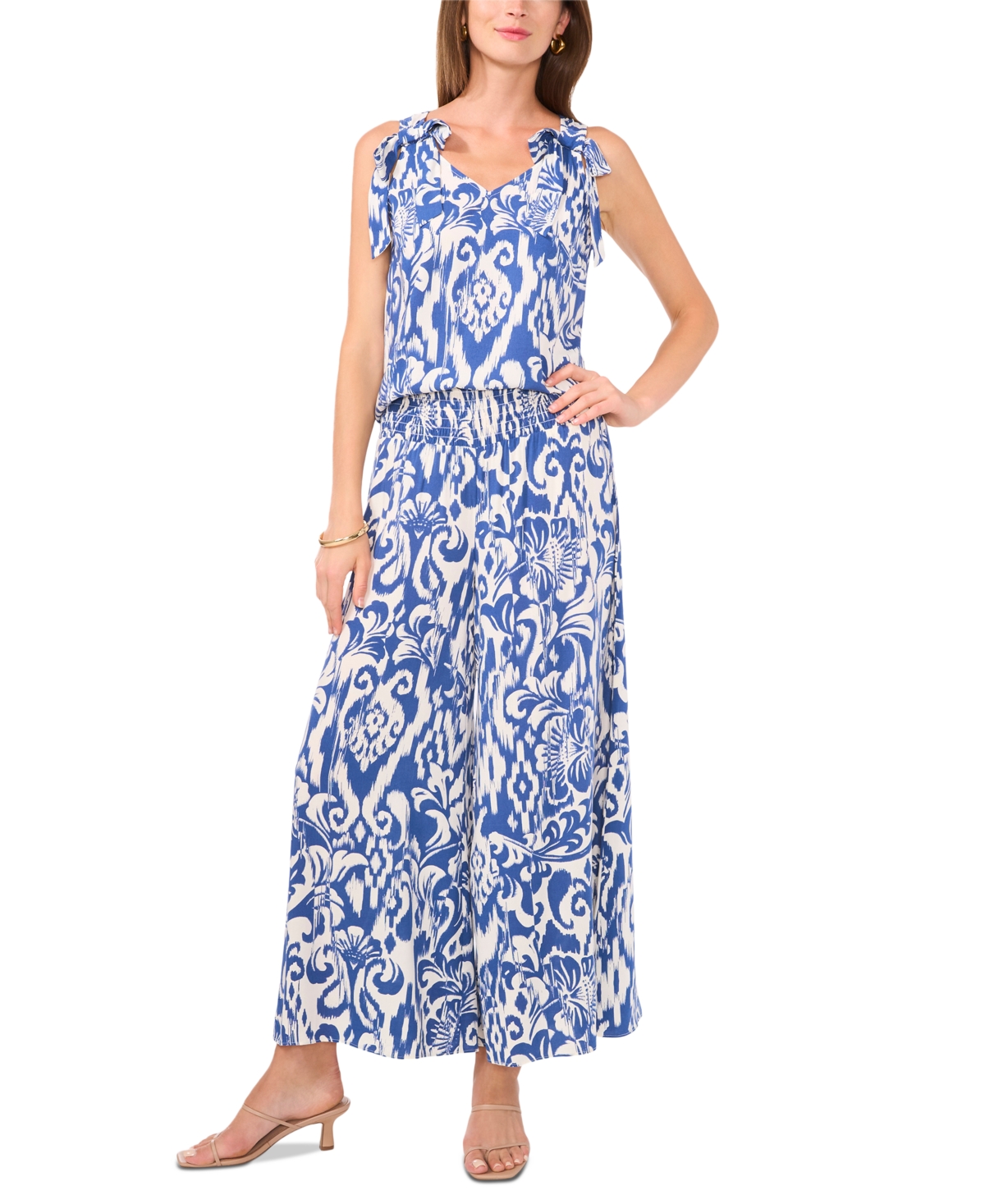 Vince Camuto Women's Printed Smocked-Waist Wide-Leg Pants