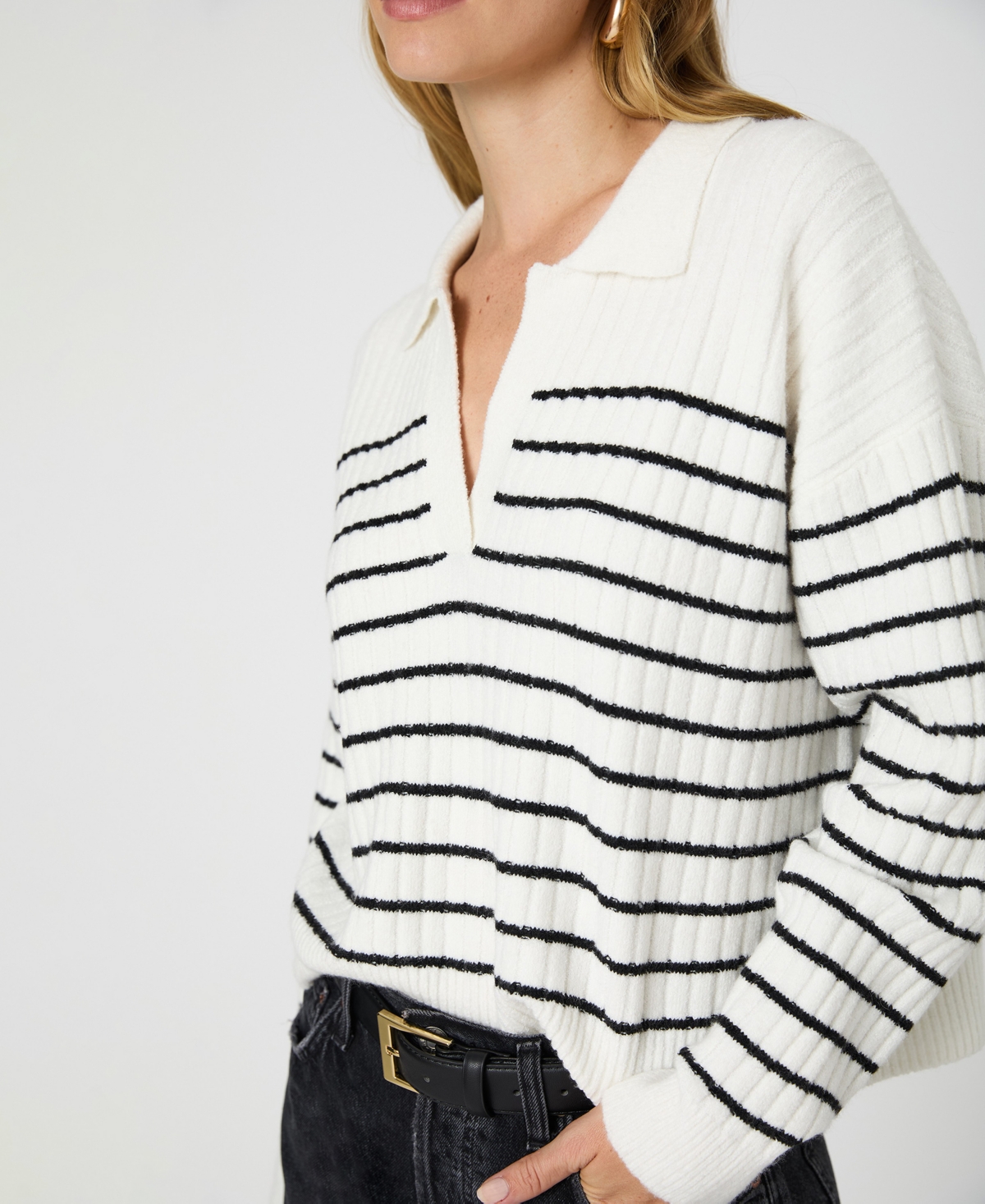 French Connection Women's Vhari Striped Collared Long Sleeve Sweater -Black