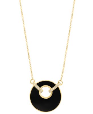 EFFY&reg; Onyx (19mm) & Diamond (1/20 ct. t.w.) Pendant Necklace in 14k Yellow Gold, 16" + 2" extender