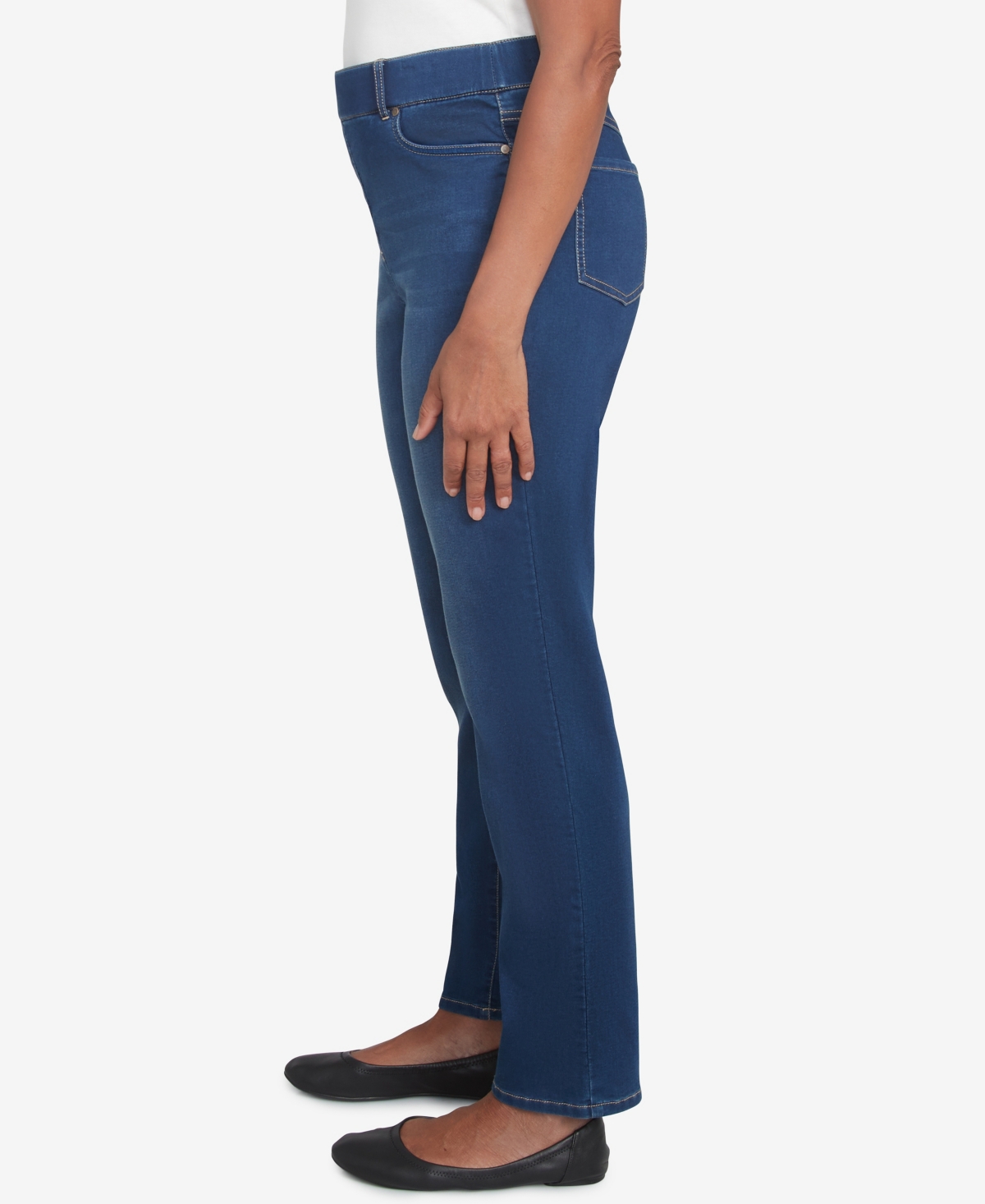 Alfred Dunner Petite Harvest Moon Super Stretch Elastic Faux Fly Denim Short Length Pants In Dark Indigo
