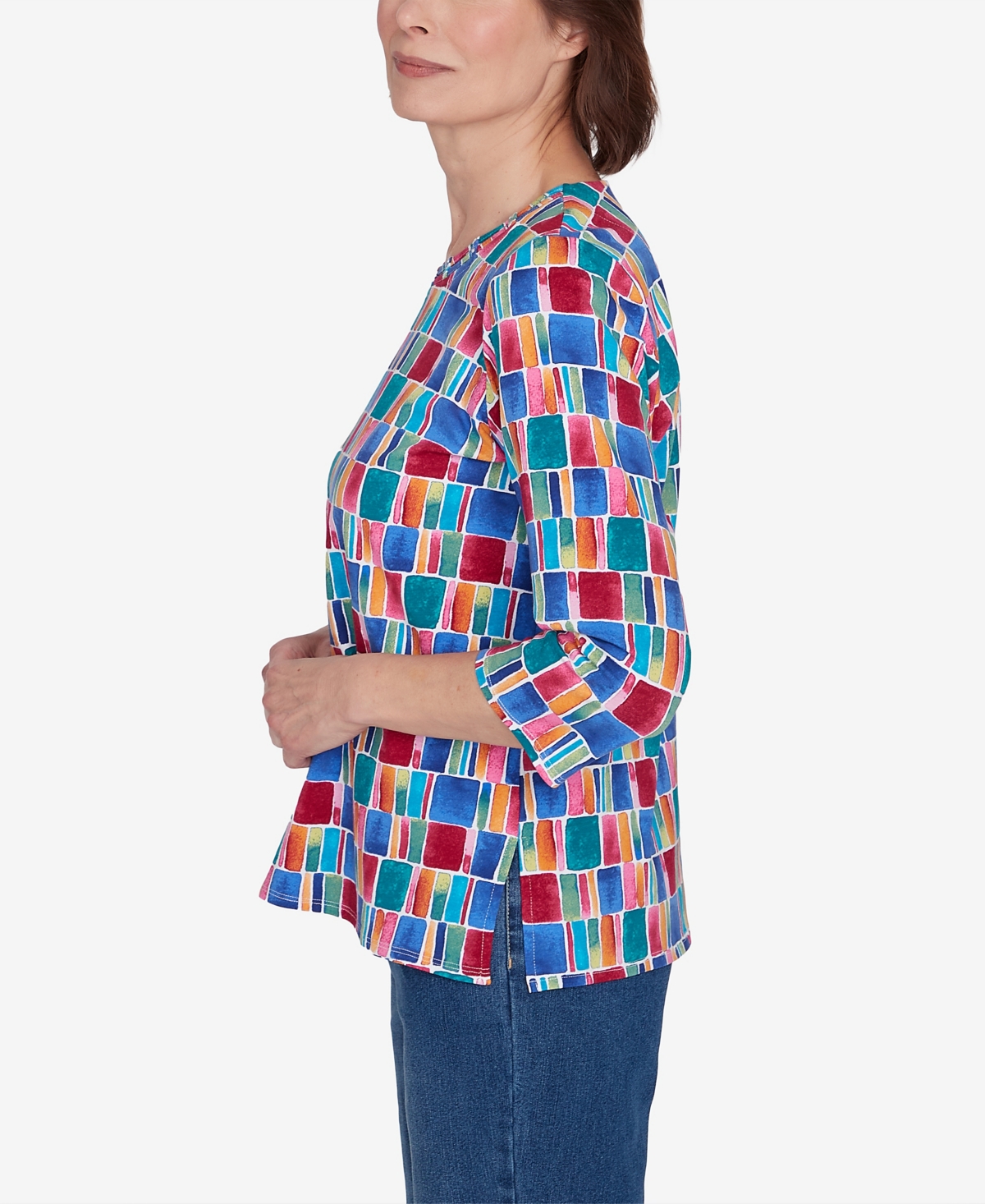 Alfred Dunner Petite Key Items Box Print Short Sleeve Top In Multi