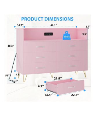 6-Drawer Wood Dresser with LED Light, Charging Station, 2-Tier Open Shelves – Bedroom Storage Cabinet