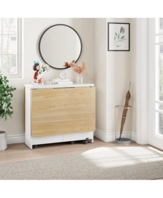 1 PC Wood 6 Wheels and 2-Layer Storage Shelf Folding  Drop Leaf Dining Table