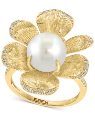 EFFY Collection - Cultured Freshwater Pearl (9-1/2mm) & Diamond (1/6 ct. t.w.) Flower Statement Ring in 14k Yellow Gold