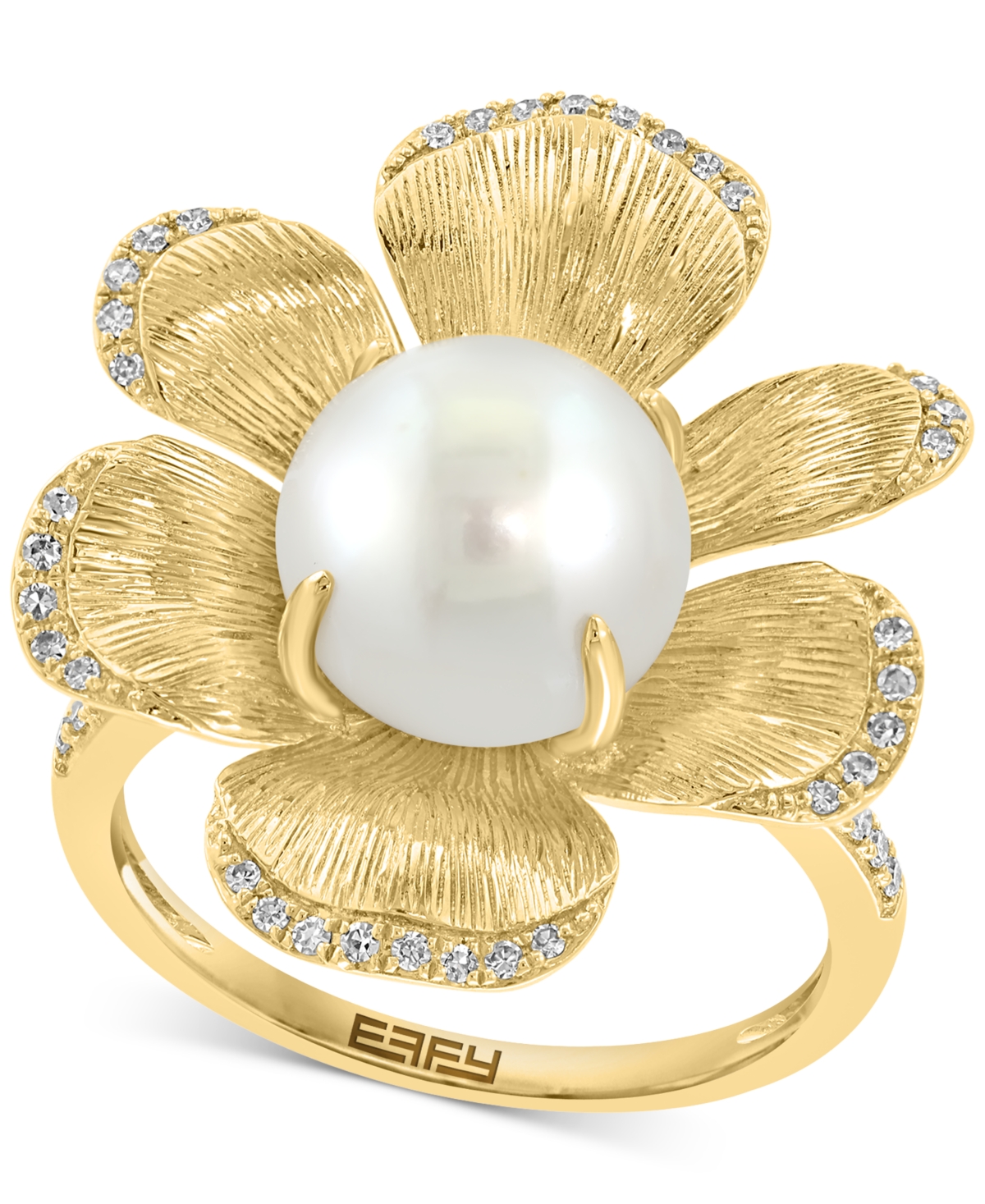 Effy Collection Effy Cultured Freshwater Pearl (9-1/2mm) & Diamond (1/6 Ct. T.w.) Flower Statement Ring In 14k Yello In Gold