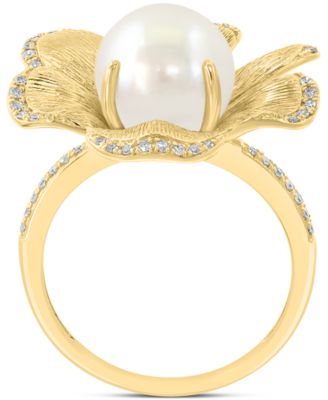 EFFY&reg; Cultured Freshwater Pearl (9-1/2mm) & Diamond (1/6 ct. t.w.) Flower Statement Ring in 14k Yellow Gold