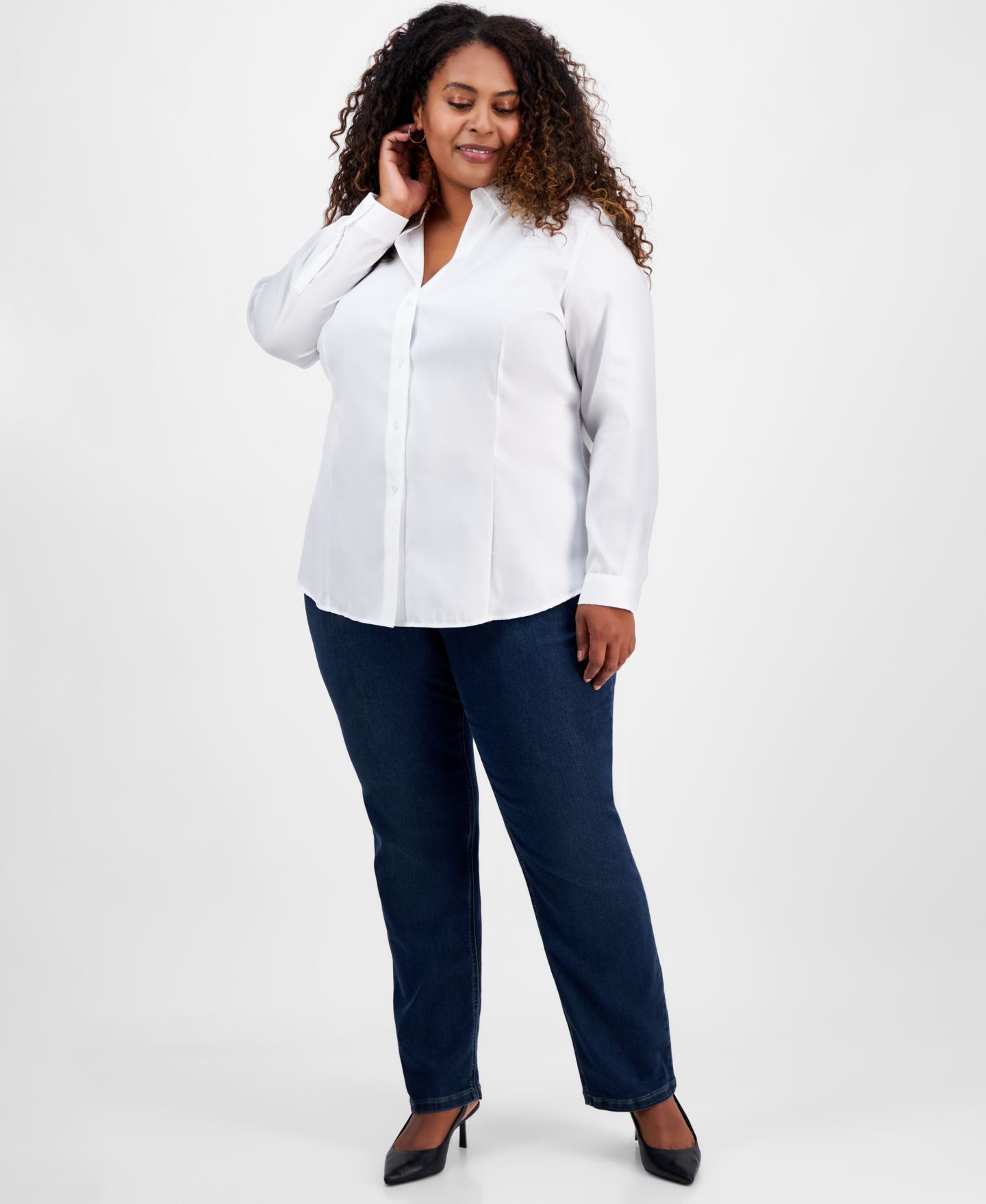 Женская рубашка Jones New York Plus Size Cotton Button-Front, цвет: Белый — фото 2