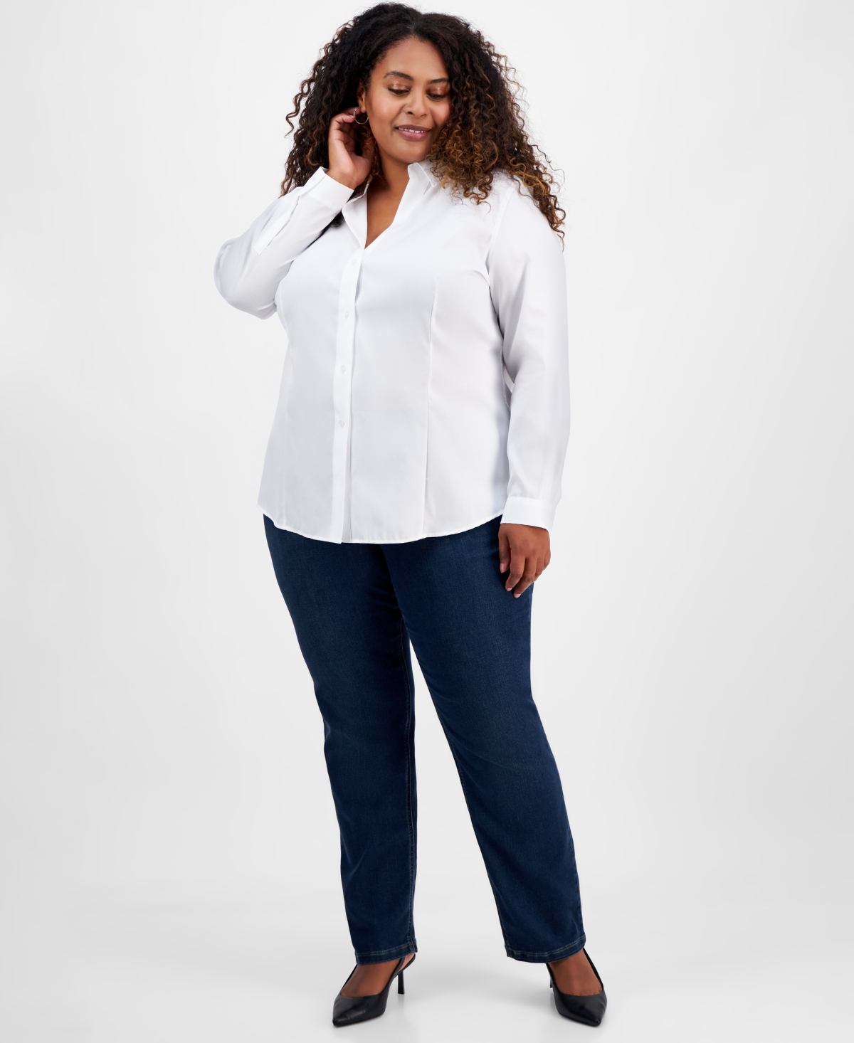 Jones New York Plus Size Cotton Button-front Shirt In White