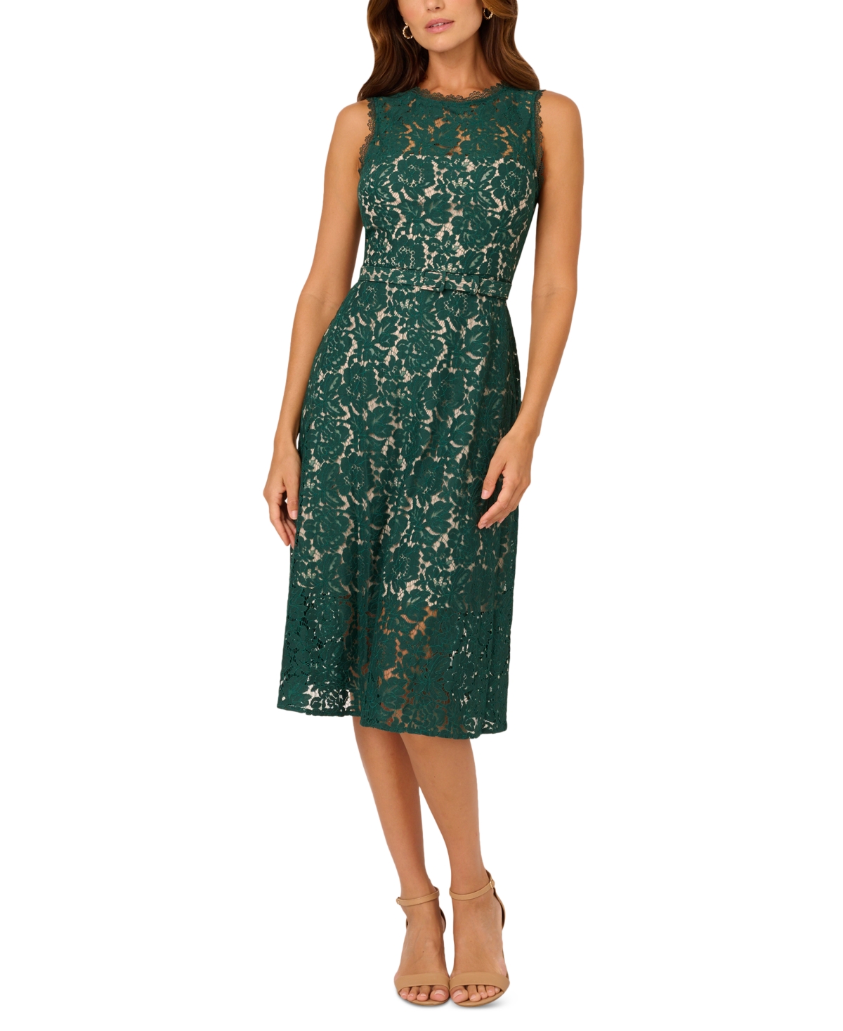 Shop Adrianna Papell Women's Sleeveless Lace Midi Dress In Hunter