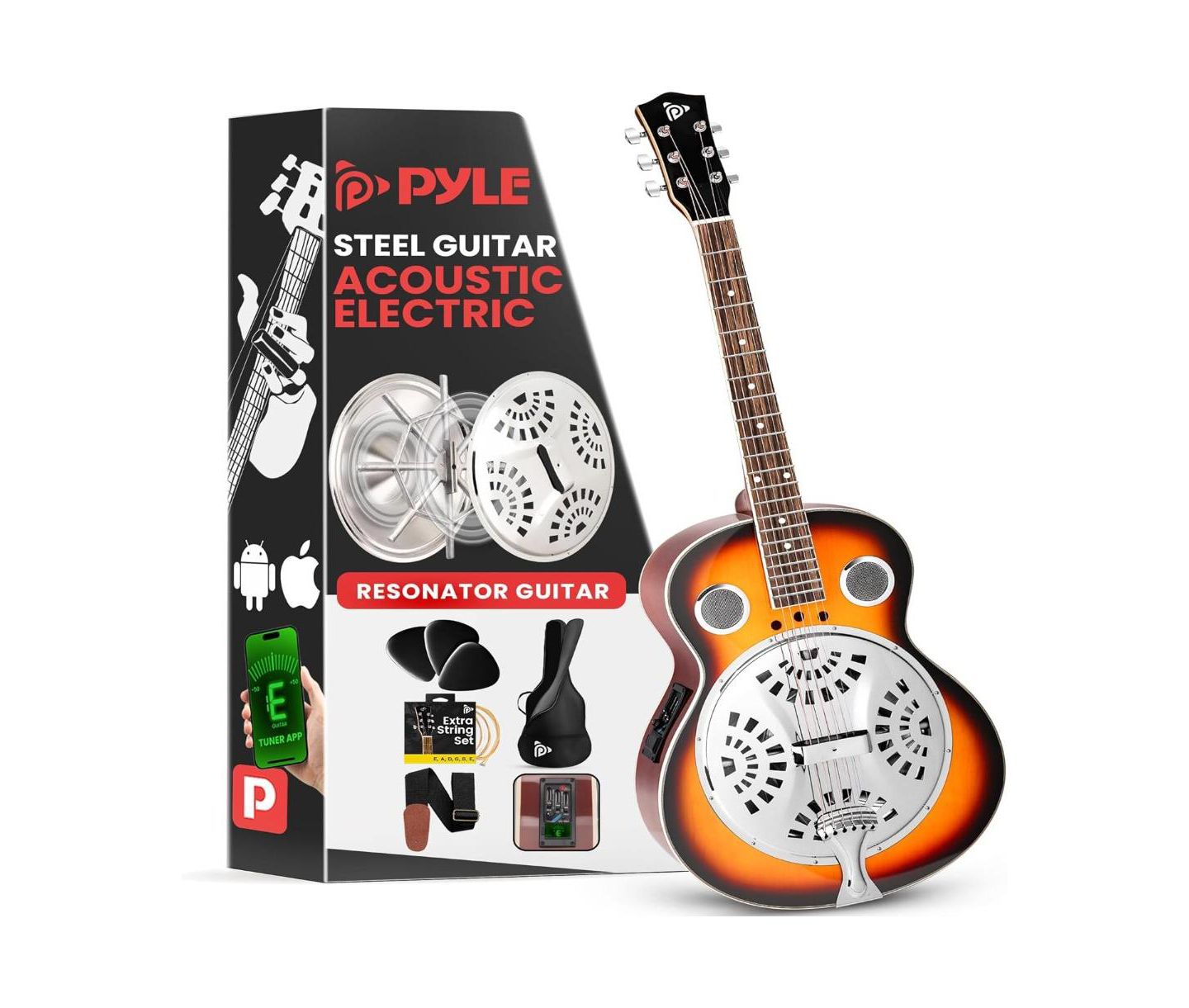 Детские игрушки Pyle Full-Size Built-In Preamplifier Acoustic Resonator Guitar PGA500BR with Accessory Pack, Ages 14 & Up — фото 1