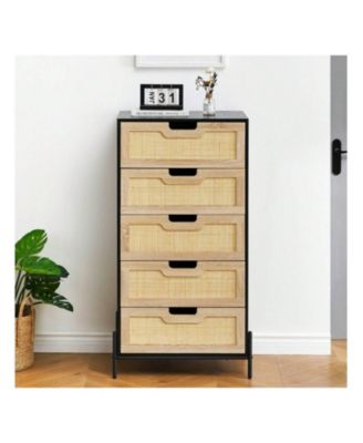 Modern Rattan 5 Drawers Dresser, Double Dresser For Bedroom, Chest Of Drawers Closet Organizers And Storage Clothes For Bedroom Living Room