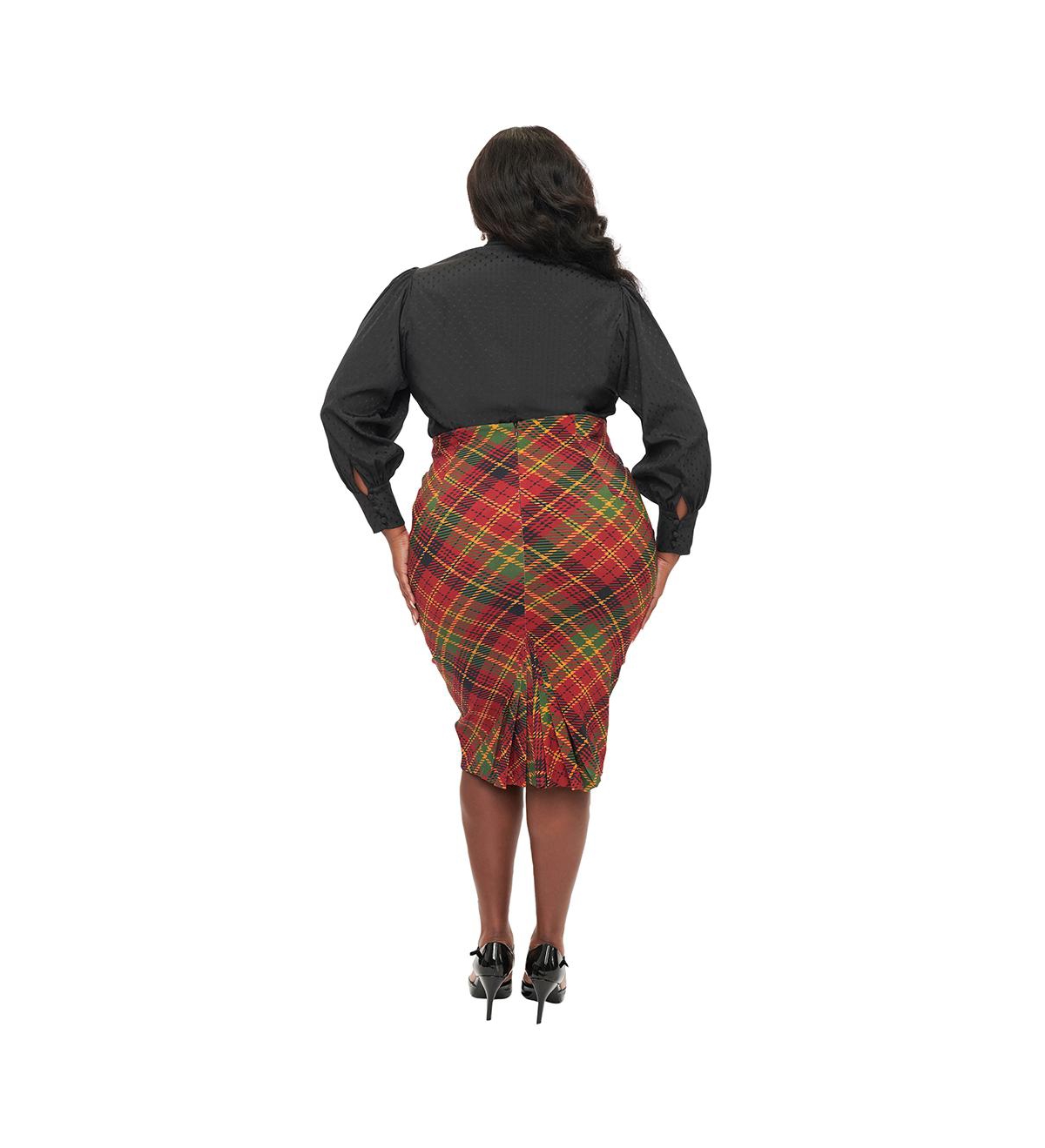 Unique Vintage Plus Size 1950s High Waist Tracy Wiggle Skirt -green plaid