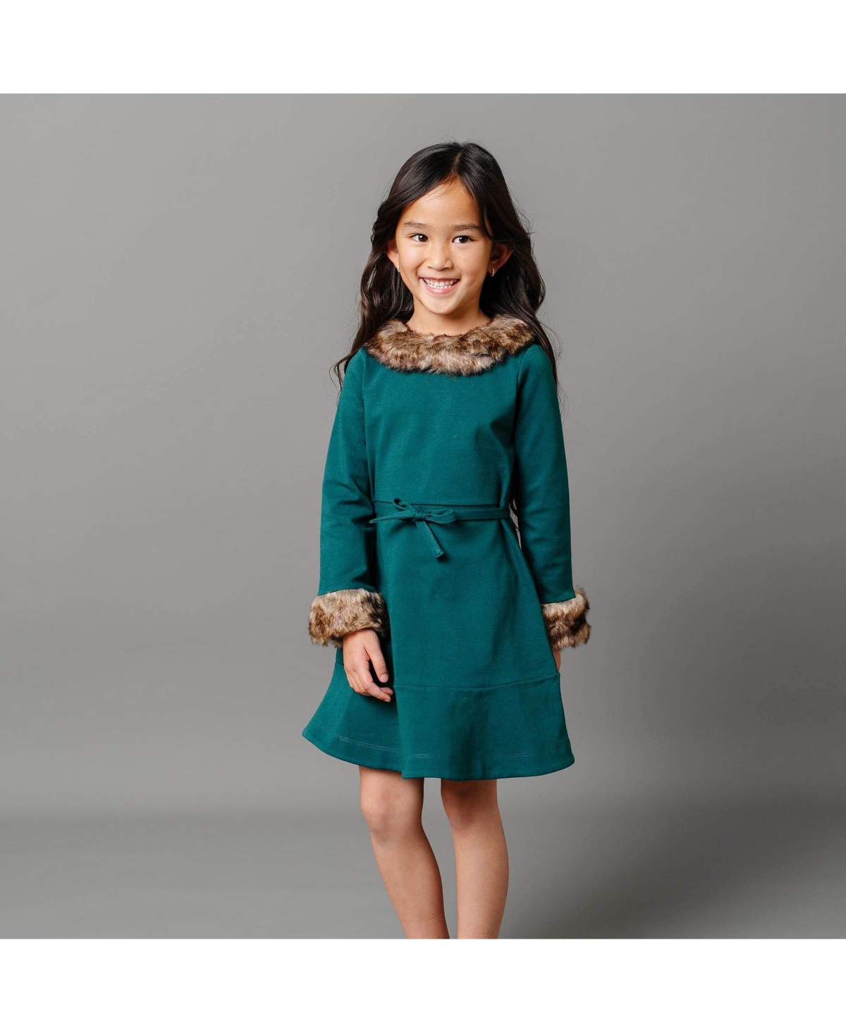 Hope & Henry Little Girls Long Sleeve Ponte Skater Dress with Faux Fur Trim