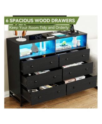 6 Drawer Double Dresser TV Stand, Bedroom Dresser With Power Outlet & LED Light, Wood Dresser For Room, Hallway, 47.2''W15.8''D36.2''H (
