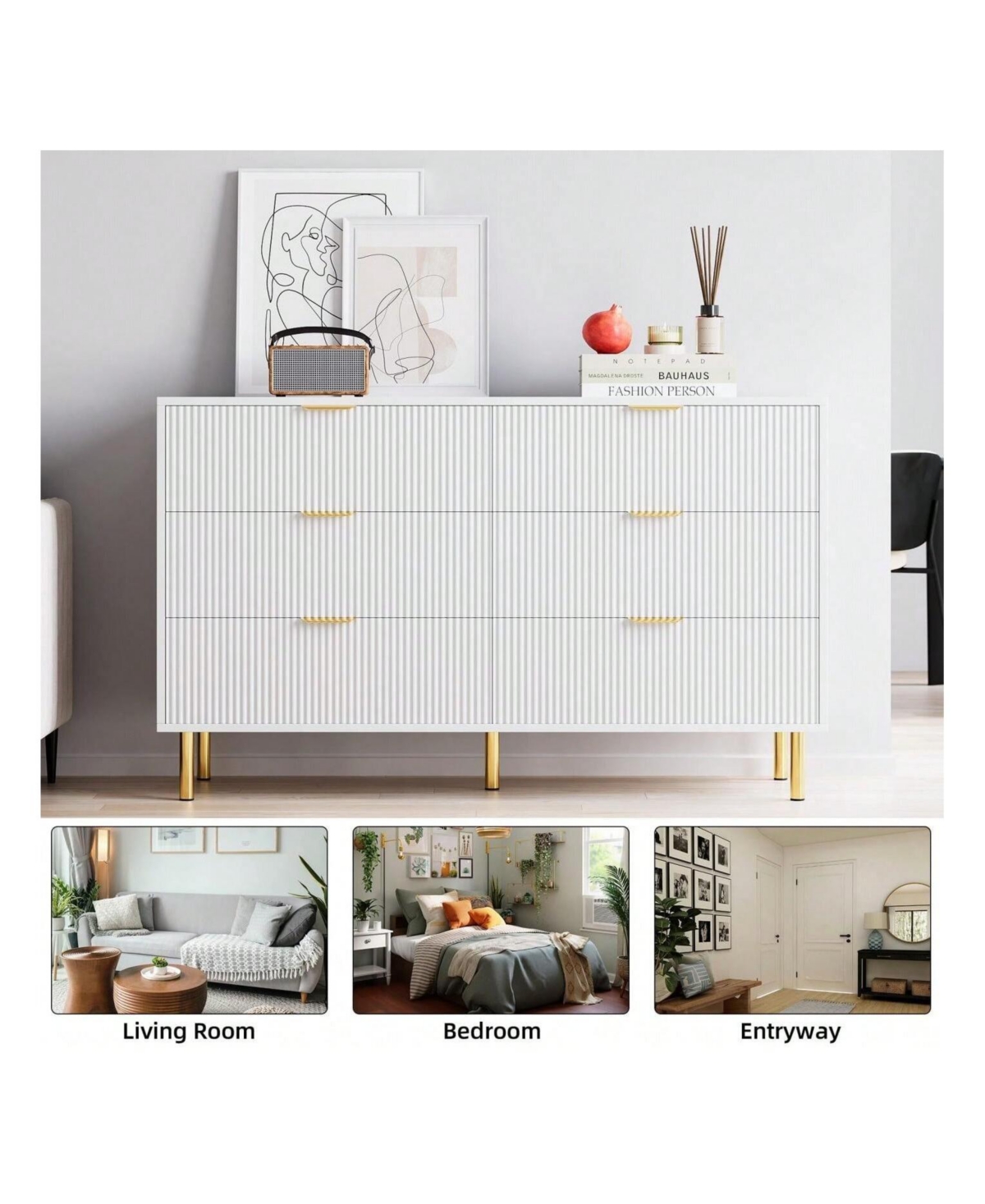 6 Drawer Dresser For Bedroom, 56" Wide Wood Dresser Organizer With Metal Legs, Modern Chest Of Drawers For Bedroom, Hallway