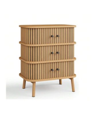 Fluted 3 Drawer Nightstand With Sliding Door, Mid Century Wooden 3 Drawer Dresser, Chest Of Storage Drawer, Side Table For Bedroom, Living Room, Small Space