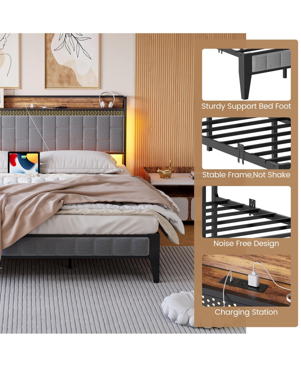 gaomon Bed Frame with Charging Station, Led Bed Frame with Storage Headboard, Upholstered Platform Bed Frame Size