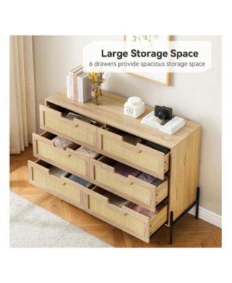6 Drawers Wood Natural Rattan Drawer With Spacious Storage Dresser